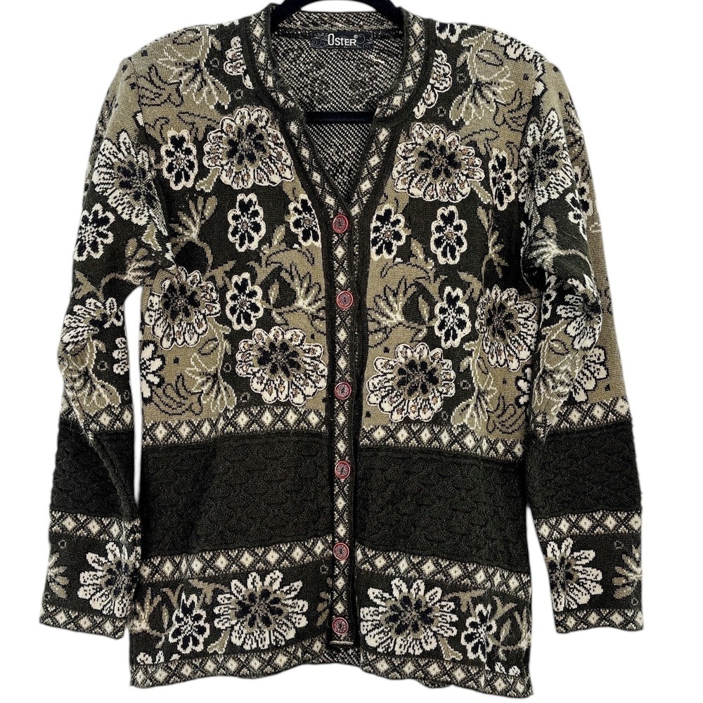 Oster Button Front Cardigan Sweater Women's Medium Brown Floral Beaded‎